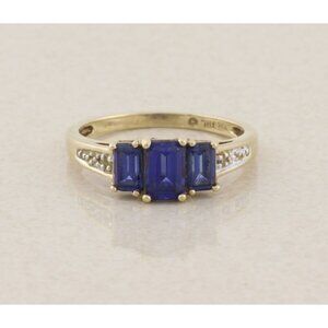 10k Yellow Gold Lab Created Blue Sapphire and Diamond Ring Size 6 3/4
